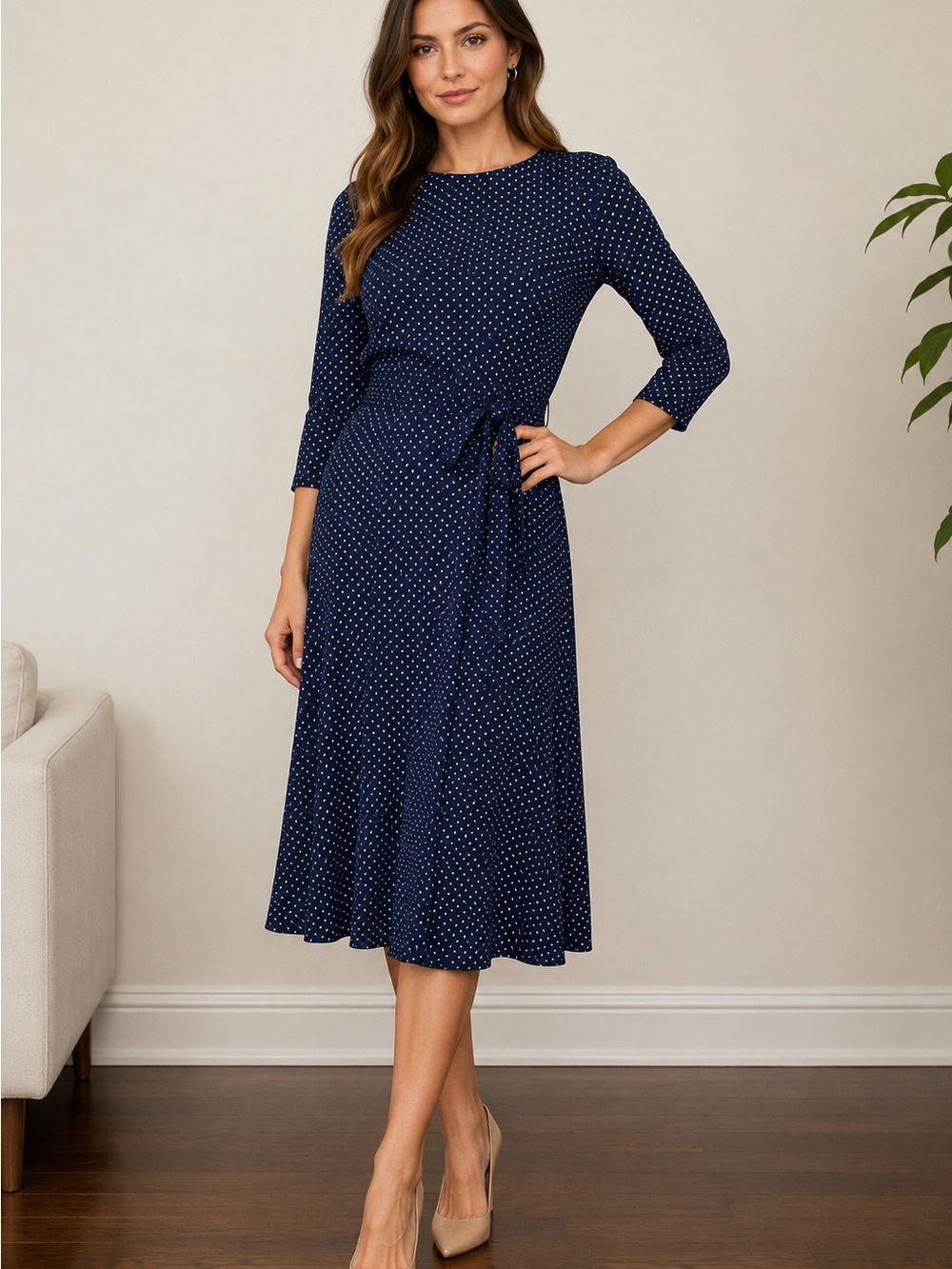 Ralph Lauren Navy Polka Dot Tie-Waist Midi Dress, Sz 16